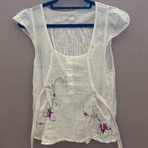 free people white embroidered tunic blouse with belt flowy summer linen size 12